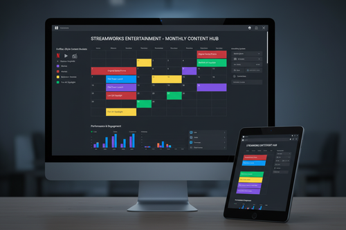 Professional social media content calendar interface on desktop and tablet