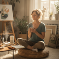 Creative professional taking mindful break with meditation and tea