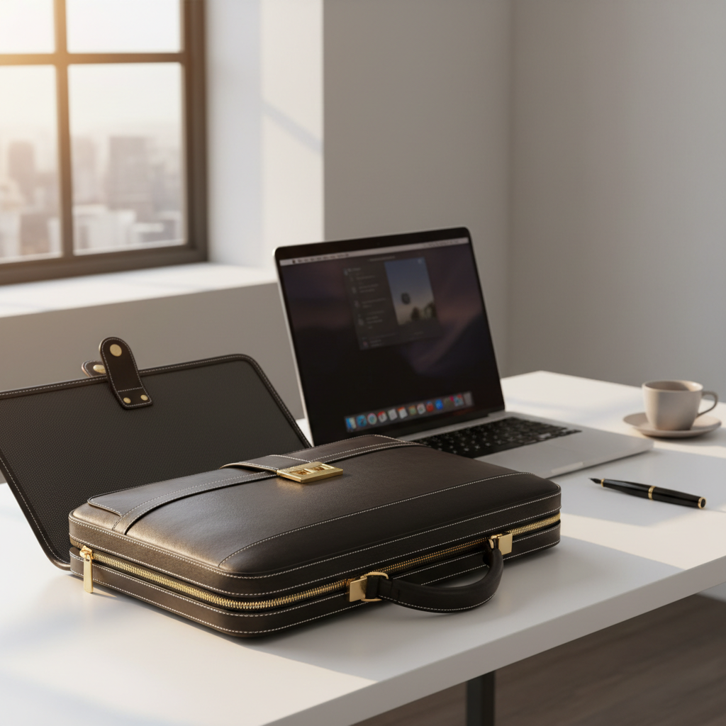 Premium charcoal black leather portfolio briefcase on minimalist desk with MacBook Pro, luxury product photography