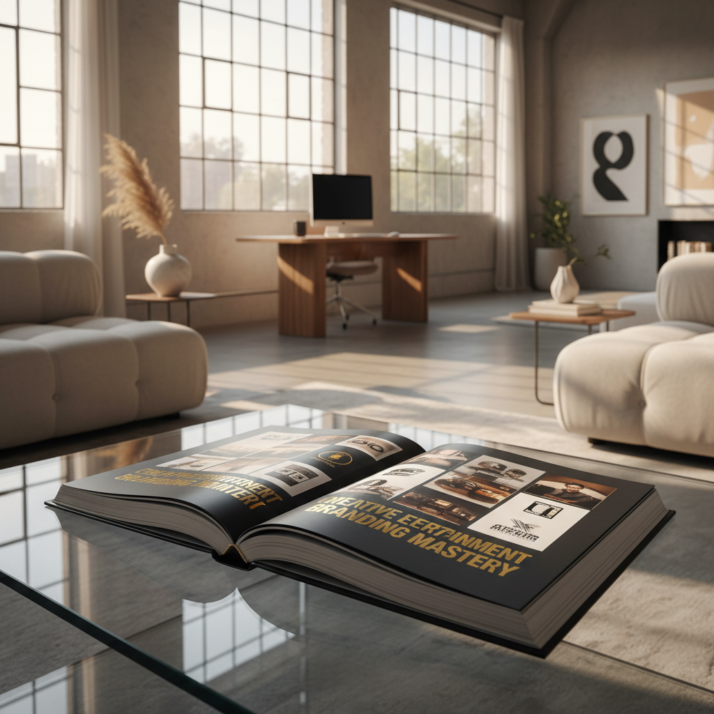 Luxury hardcover coffee table book Creative Director's Reference with charcoal black cover and gold foil lettering on glass table in creative studio