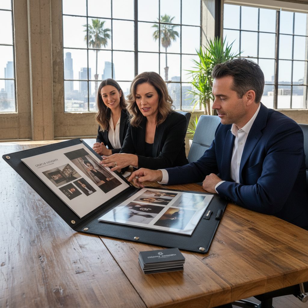 Creative professional presenting portfolio to client in modern office setting using Creative Authority system