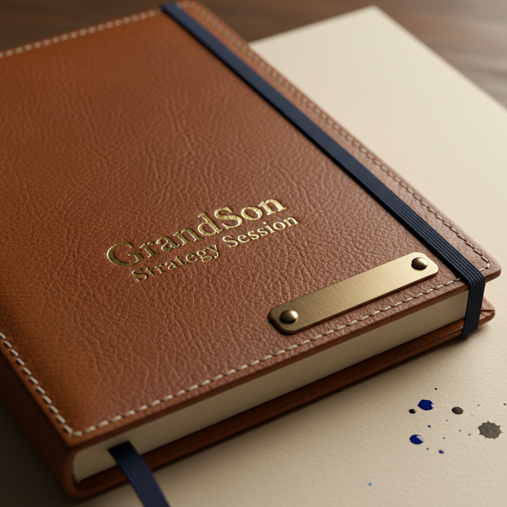 Close-up detail of Italian leather cover with saddle stitching, embossed GrandSon Strategy Session logo in gold foil, and premium paper quality