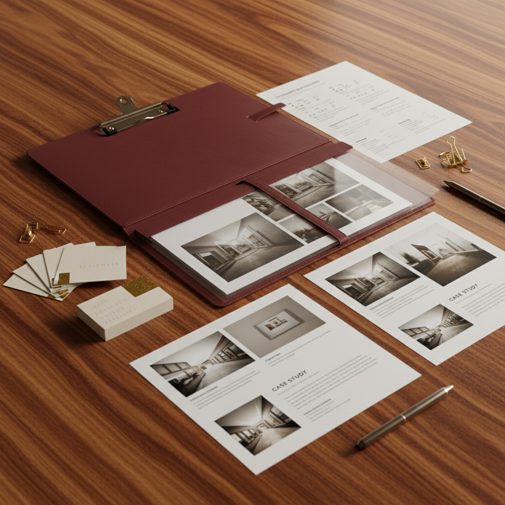 Premium portfolio presentation system with leather portfolio, business cards, and presentation materials on luxury wooden table
