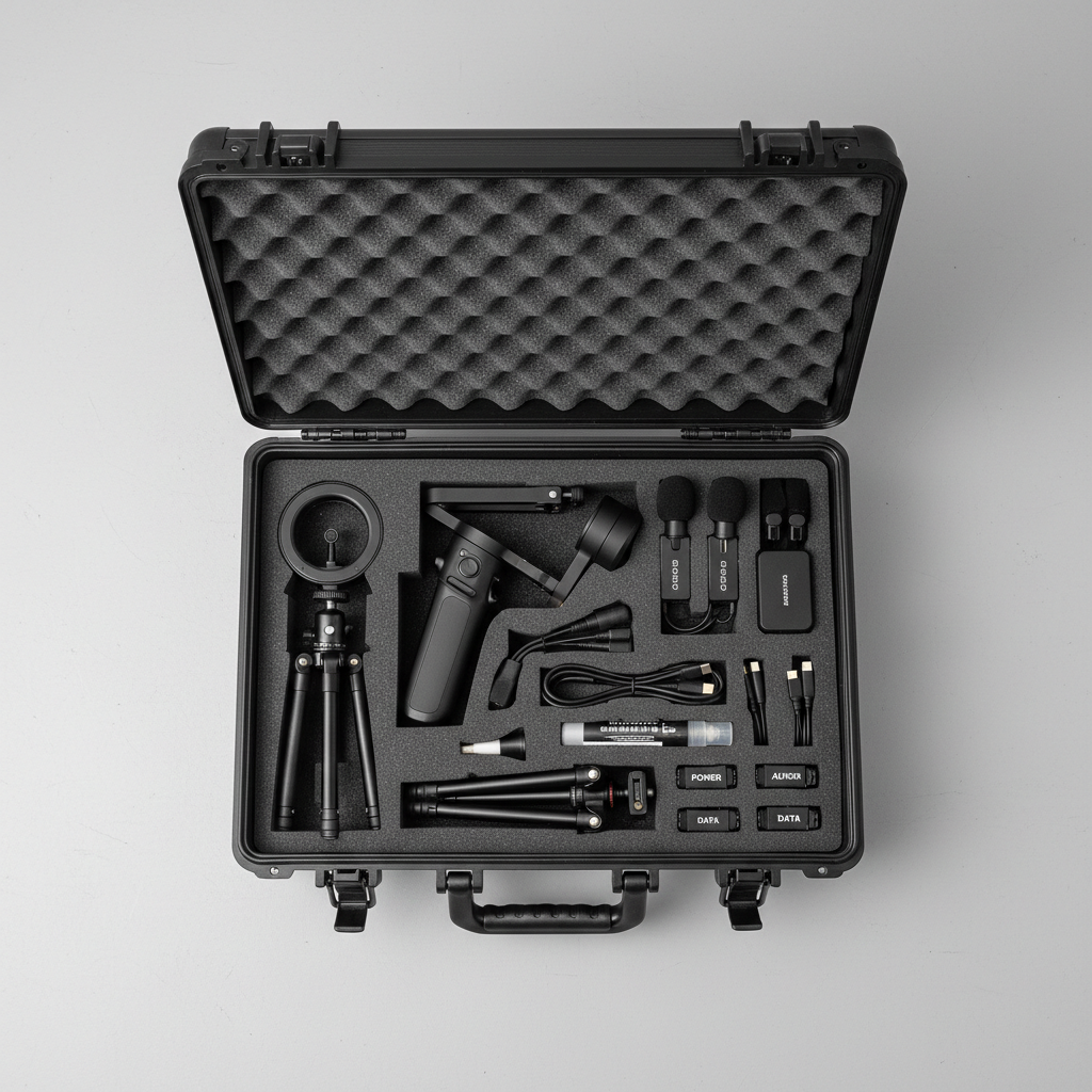 Open aluminum flight case displaying organized professional content creation equipment with gimbal, microphone, ring light, tripod, and accessories in custom foam compartments