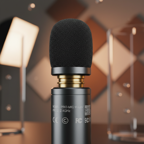 Close-up detail of premium wireless lavalier microphone with metal casing, foam windscreen, and gold-plated connectors