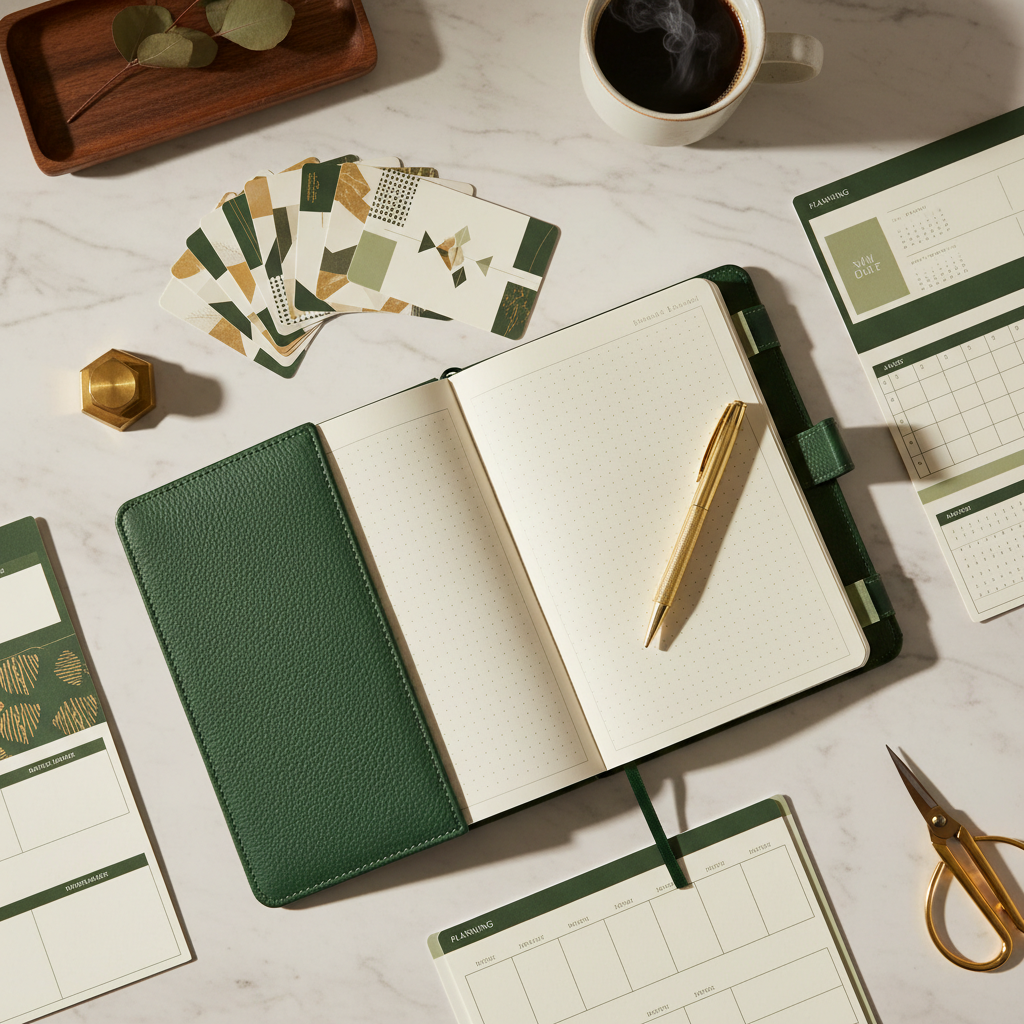 Premium modular leather notebook system in deep forest green on marble workspace with strategy cards, planning templates, and gold pen