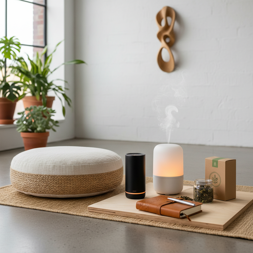 Premium wellness collection in calm creative studio meditation space