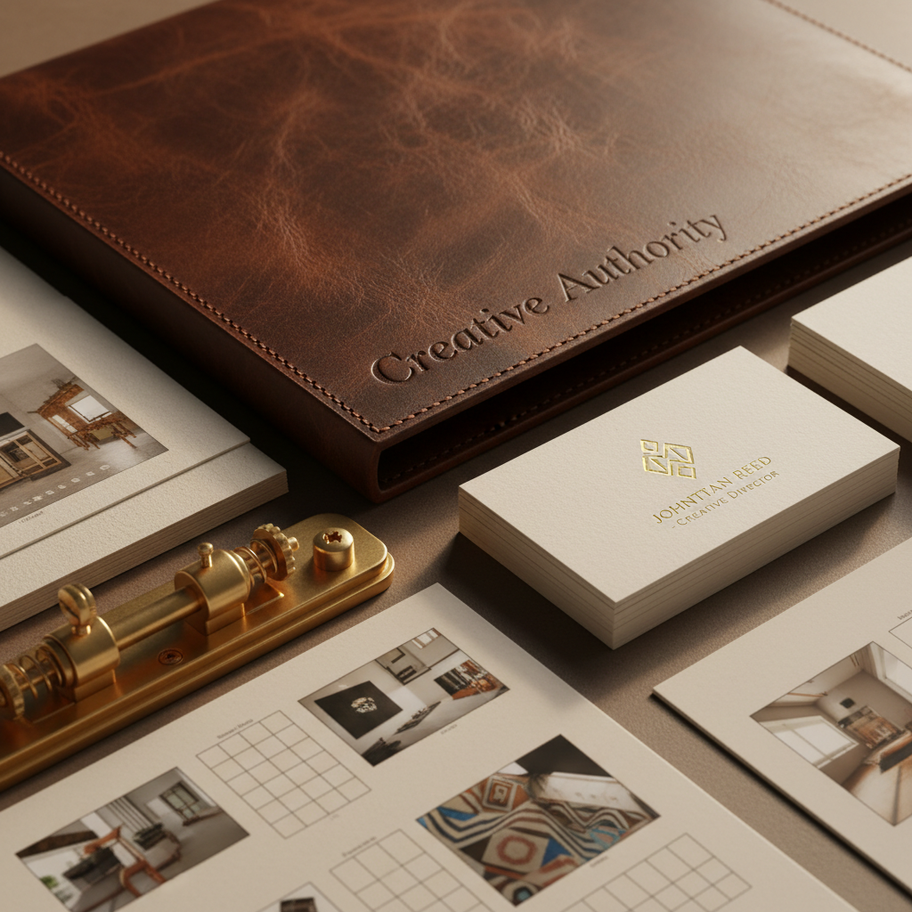 Close-up detail of Creative Authority portfolio showing Italian leather quality, gold foil embossing, and premium materials