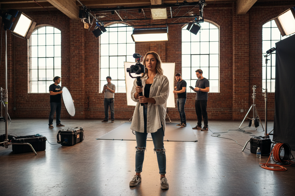 Content creator filming in Los Angeles creative studio using field production kit equipment