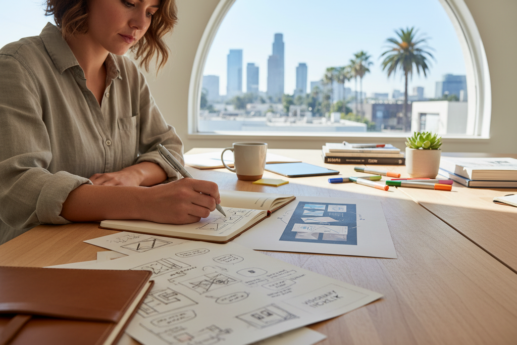 Creative professional using Narrative Toolkit pen to sketch ideas and annotate design work at premium desk in creative studio