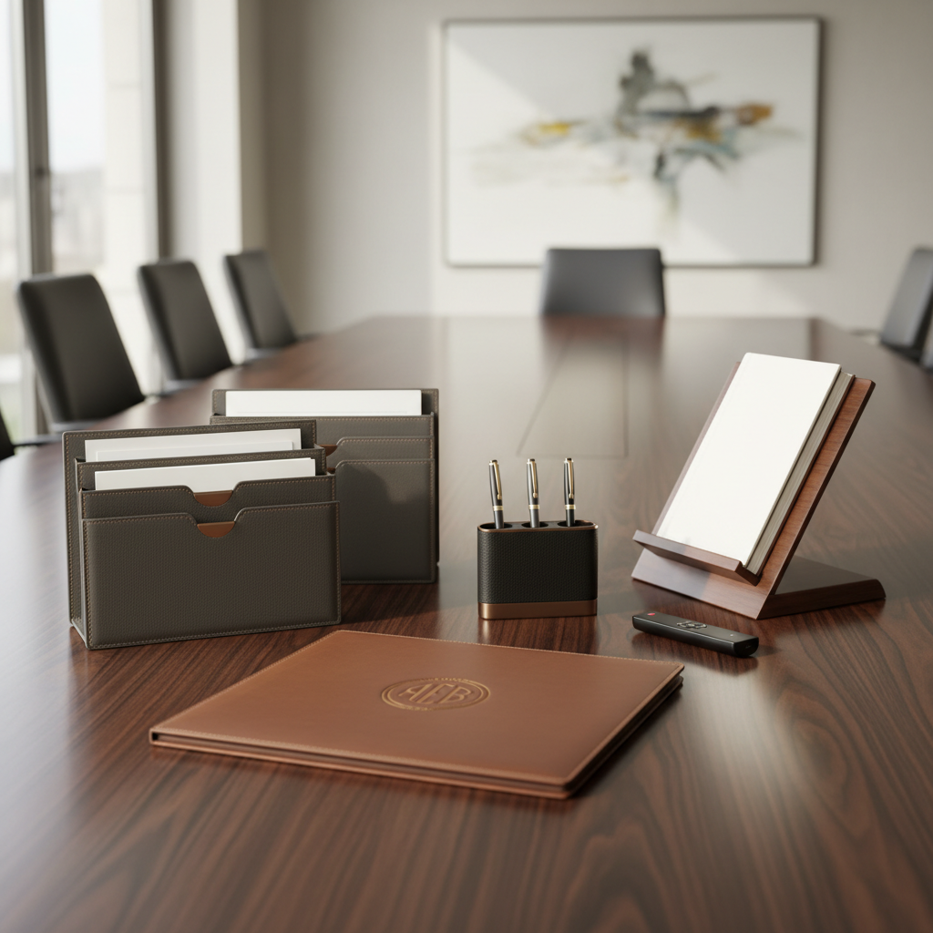 Premium leather conference table accessories on executive boardroom table