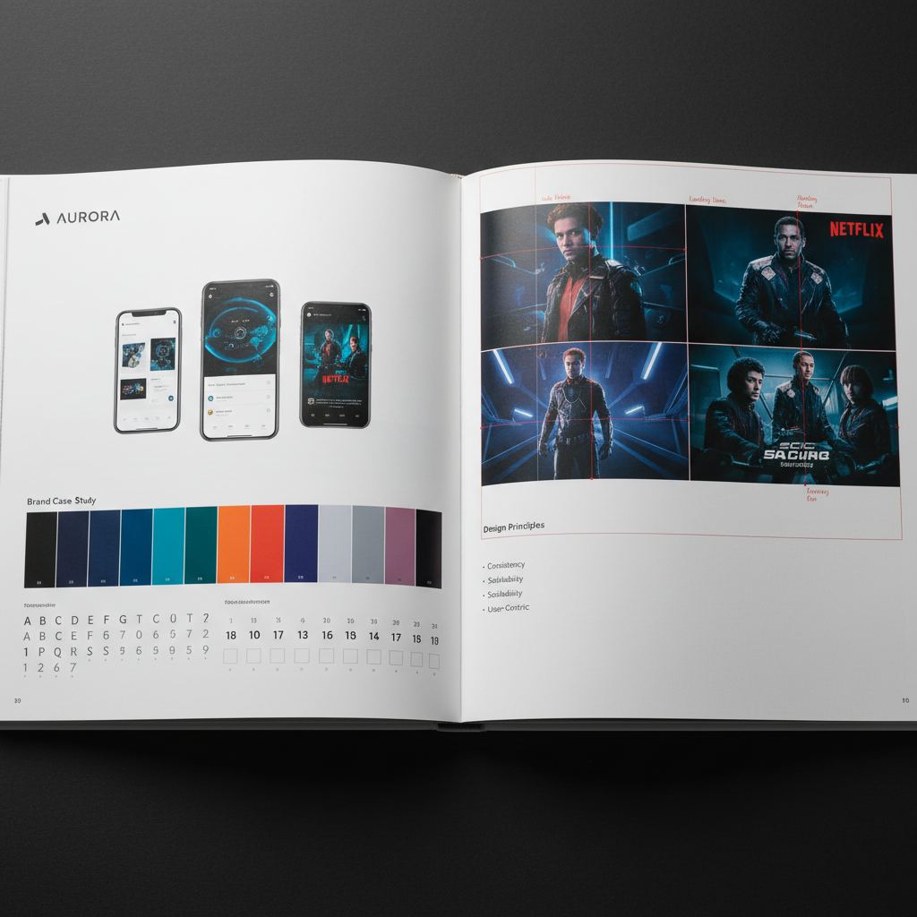 Close-up spread of book pages showing professional design examples, brand case studies, color swatches, typography samples, and layout grids
