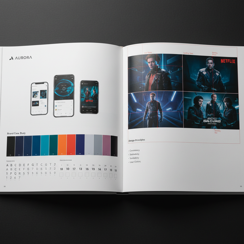 Close-up spread of book pages showing professional design examples, brand case studies, color swatches, typography samples, and layout grids