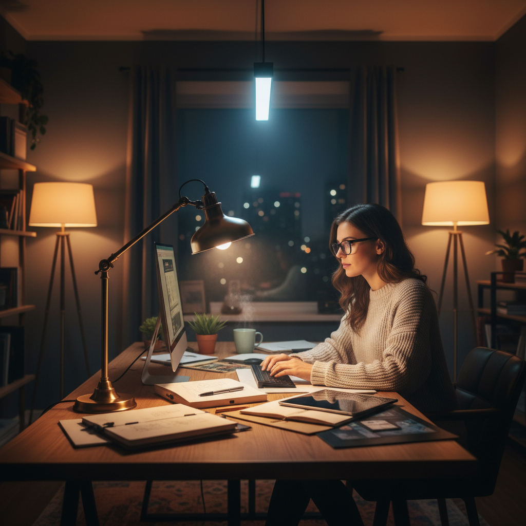 Creative professional working at night with complete lighting system