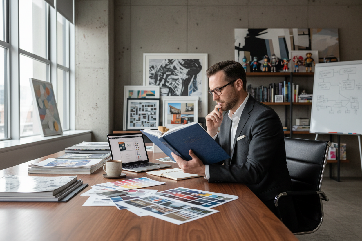 Creative director reviewing reference book at desk surrounded by brand materials and design work