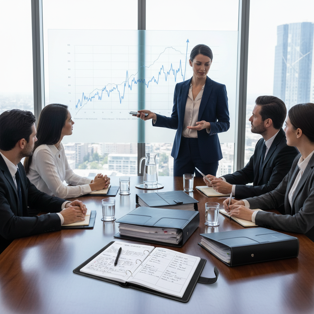 Executive conducting client presentation using premium accessories