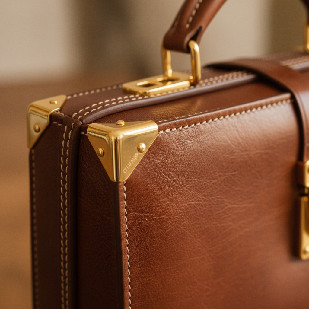 Close-up detail of Italian leather texture with gold hardware, stitching, and craftsmanship