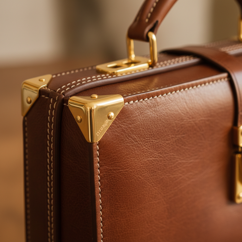 Close-up detail of Italian leather texture with gold hardware, stitching, and craftsmanship