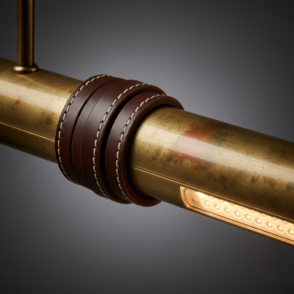 Close-up of premium brass finish and leather details