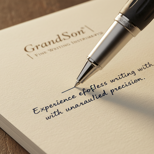 Close-up macro detail of premium pen showing embossed GrandSon branding, metal barrel, ergonomic grip, and smooth ink flow on paper