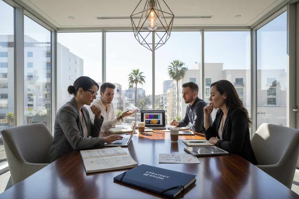 Creative director using Strategy Session notebook during conference room strategy meeting with team