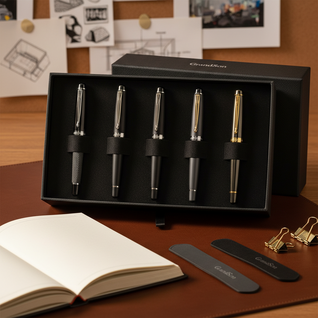 Premium pen set with 3 luxury pens in matte black, charcoal gray, and gold finish displayed in presentation box with branded office supplies