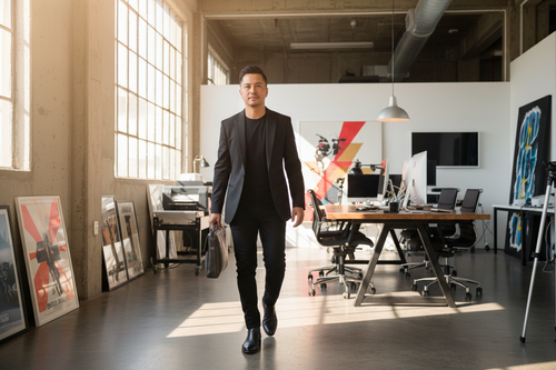Creative director carrying leather portfolio briefcase in modern Los Angeles creative studio